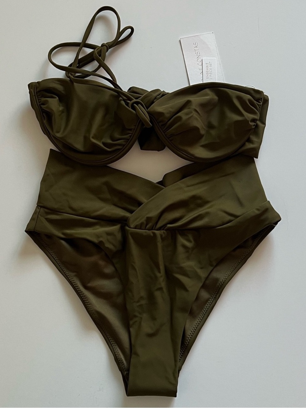 New! 🏖️👙🌞Caroline Constas Olive Green Twist-Front Bandeau Bikini 2pc size M - Picture 3 of 3